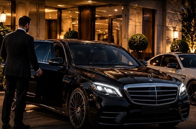 Chauffeur opening the door of a black Mercedes outside a hotel at night