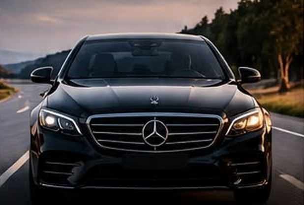Black Mercedes saloon on an open road at dusk